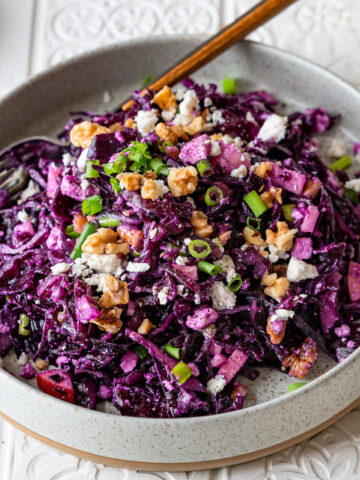 Red Cabbage Salad with Feta Cheese, Apple and Walnuts.