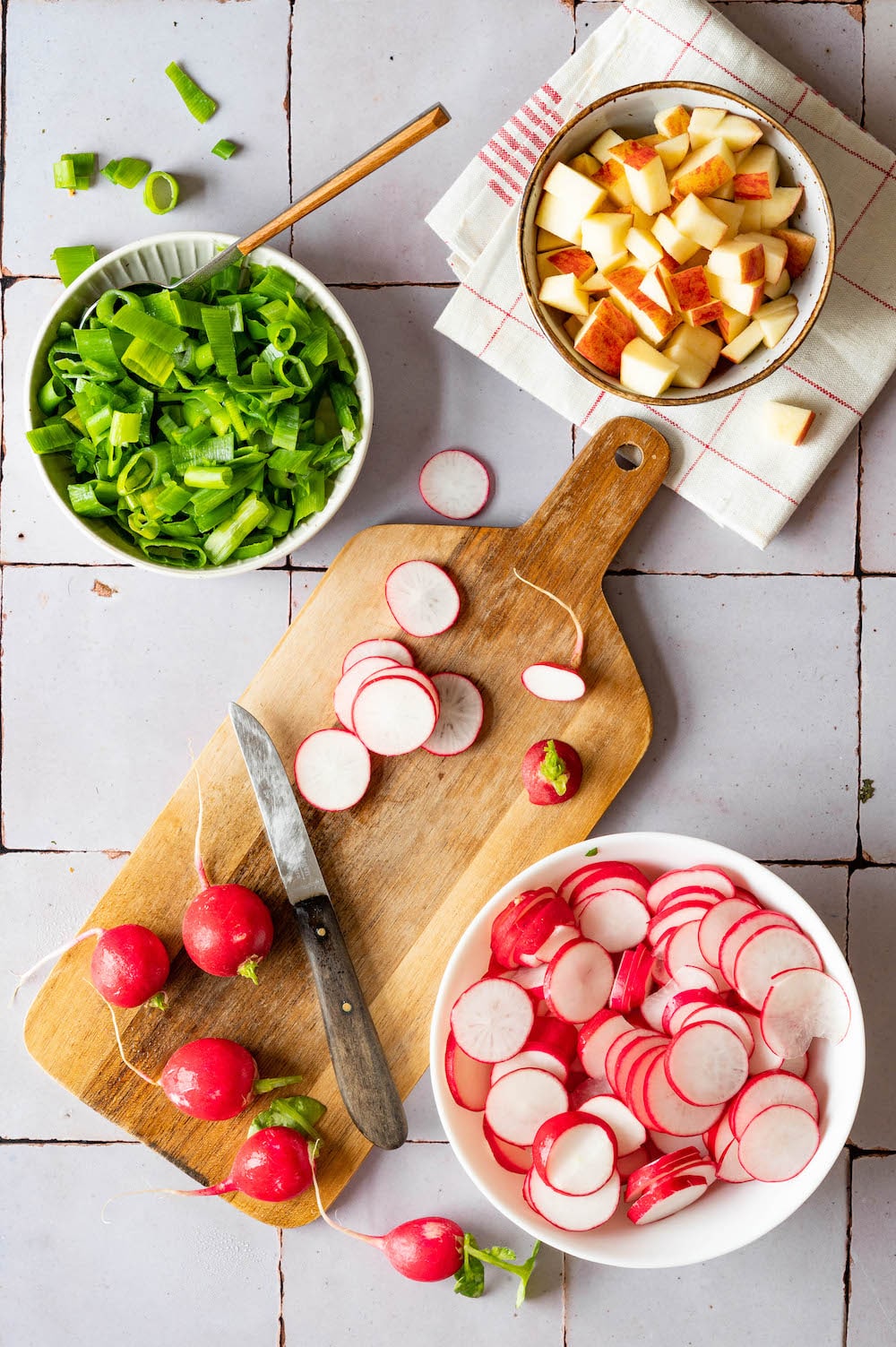 Overhead shot of ingredients for the radish salad: Radish, apple and scallions.